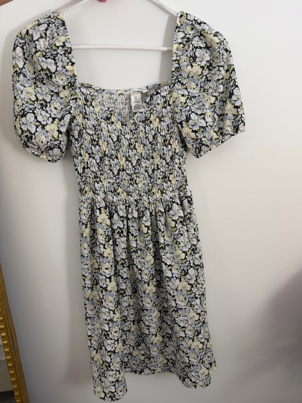 H&M Floral Square-Neck Puff Sleeve Midi Dress - Yellow/Black/blue